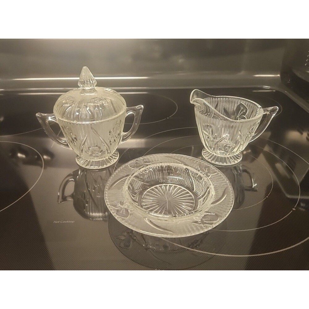 Vintage Jeanette Iris Herringbone Creamer, Sugar Bowl with Lid & Candy Dish
